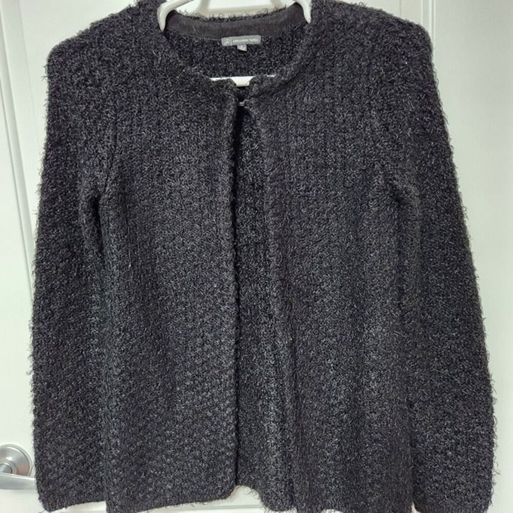 Adrianna Papell Black Fuzzy Boucle Cardigan Sweater Medium M Open Front Textured